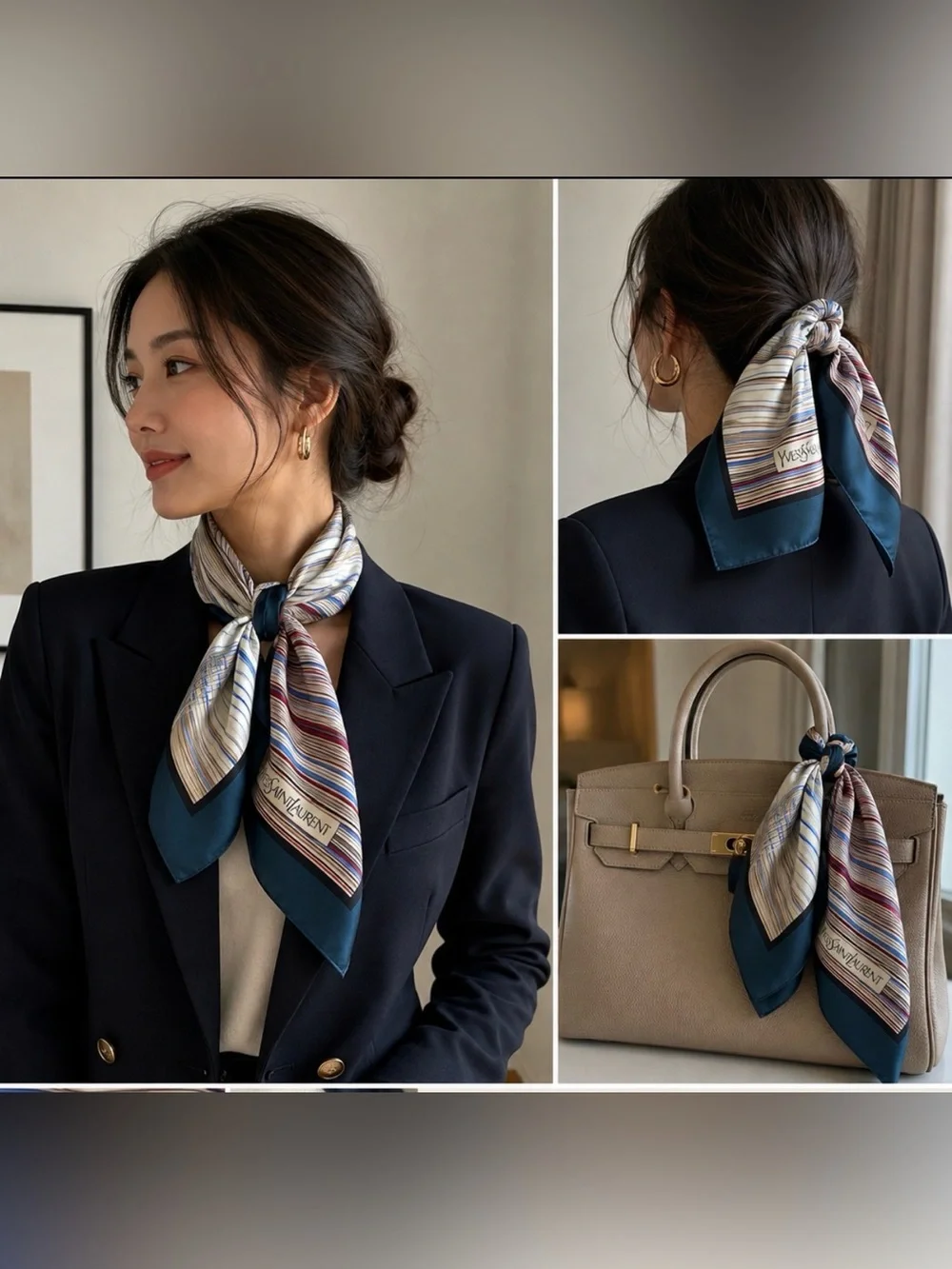 Yves Saint Laurent Multicolor Striped Silk Scarf with Teal Border